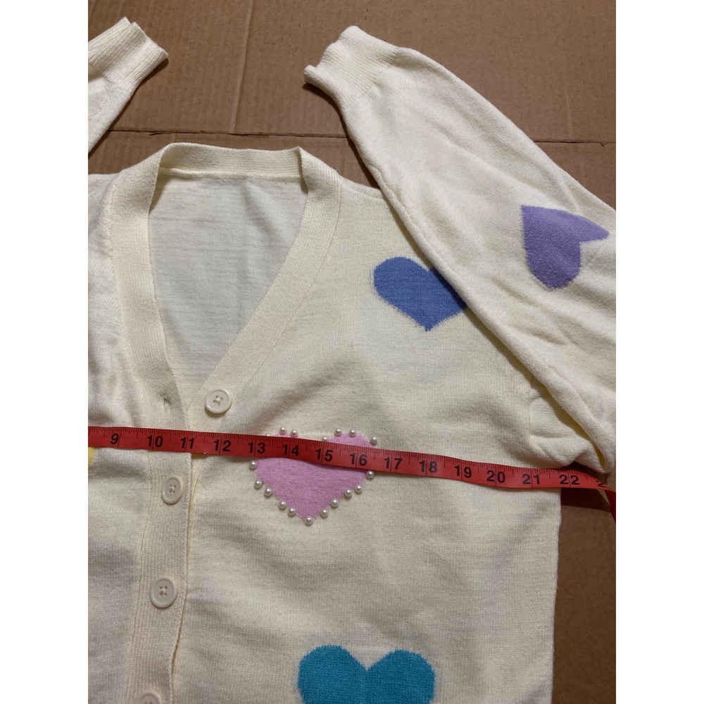 Pastel Heart Pearl Embellished Cream Cardigan Sweater V-Neck Button Front L-XL - Picture 7 of 8